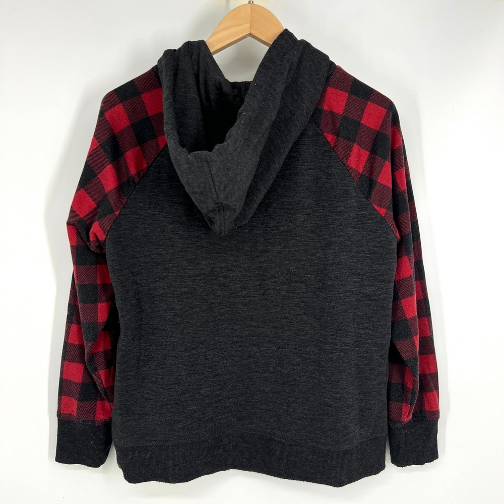 Maurices Womens Large Charcoal Grey Red Buffalo Plaid Quarter Zip Hoodie - Picture 2 of 10